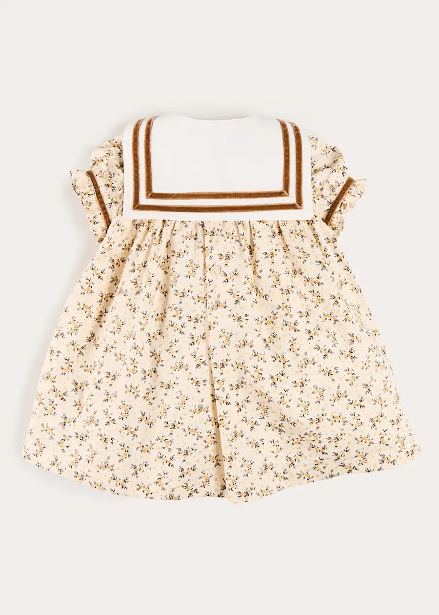 Pepa London Cora Floral Mariner Collar Velvet Trim Dress in Toffee