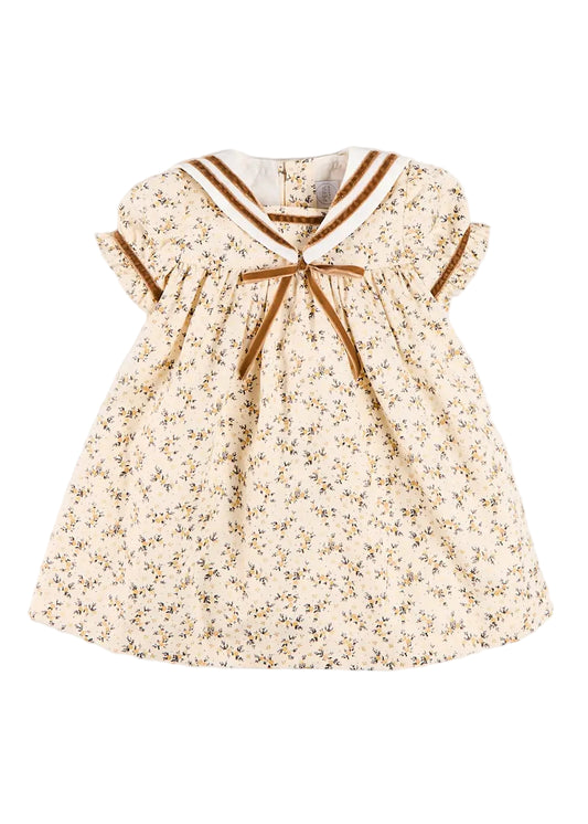Pepa London Cora Floral Mariner Collar Velvet Trim Dress in Toffee