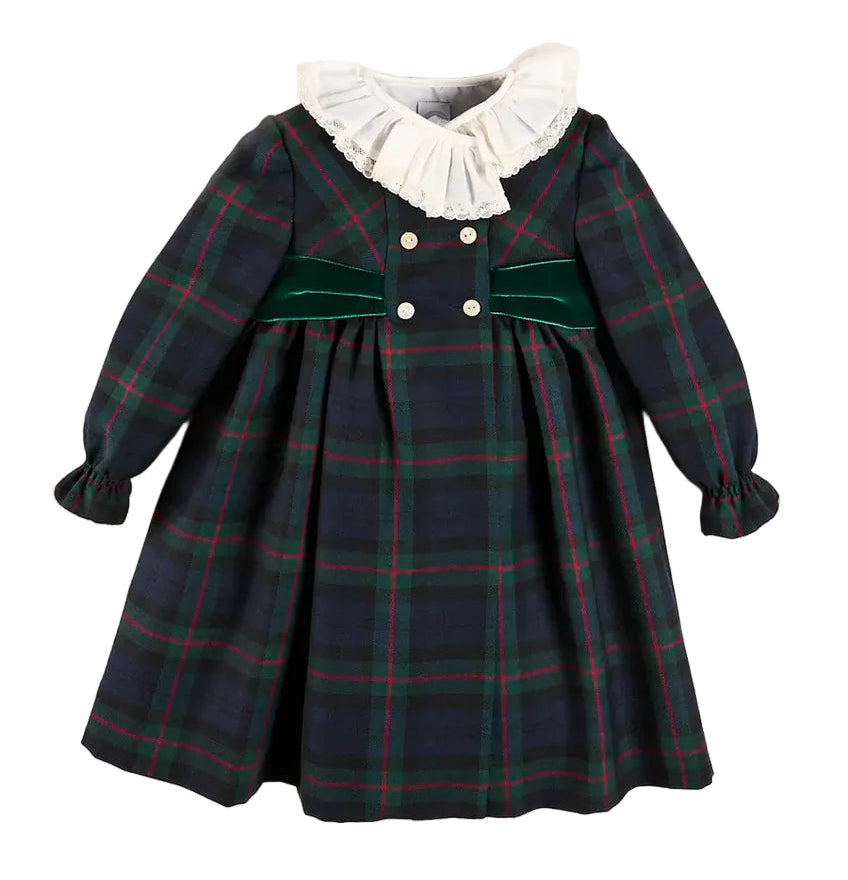 Pepa London Kinnerton Tartan Hand Smocked Double Breasted Velvet Bow Dress in Green