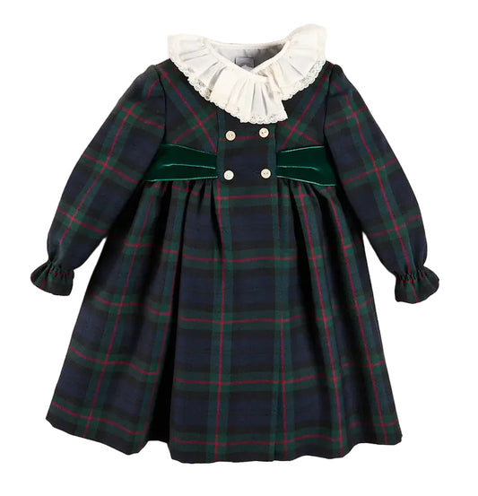 Pepa London Kinnerton Tartan Hand Smocked Double Breasted Velvet Bow Dress in Green