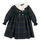 Pepa London Kinnerton Tartan Hand Smocked Double Breasted Velvet Bow Dress in Green