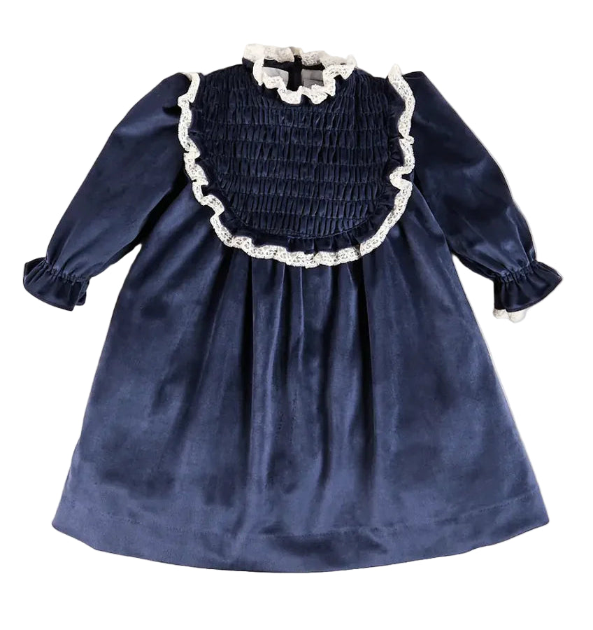 Pepa London Velvet Hand Smocked Lace Detail Long Sleeve Dress in Navy