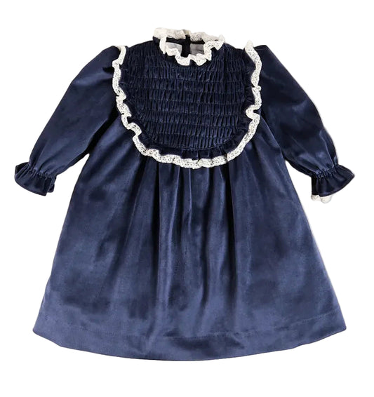 Pepa London Velvet Hand Smocked Lace Detail Long Sleeve Dress in Navy