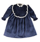 Pepa London Velvet Hand Smocked Lace Detail Long Sleeve Dress in Navy