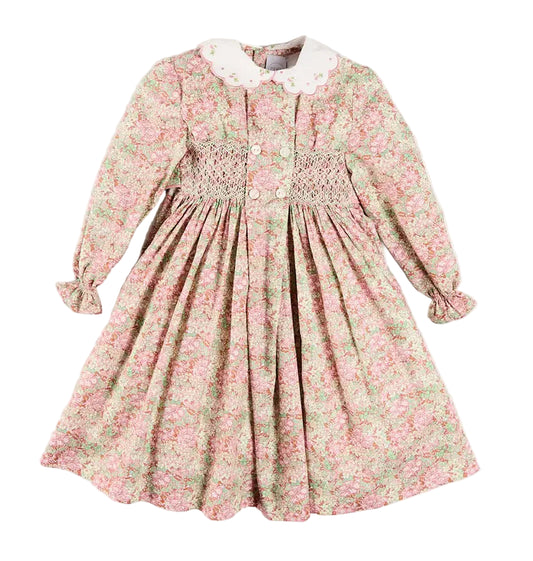 Pepa London Viola Floral Hand Smocked Double Breasted Embroidered Collar Dress in Green