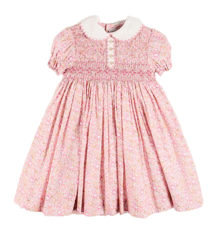 Pepa London Nellie Floral Hang Smocked Embroidered Peter Pan Collar Dress in Pink