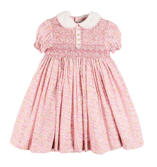 Pepa London Nellie Floral Hang Smocked Embroidered Peter Pan Collar Dress in Pink