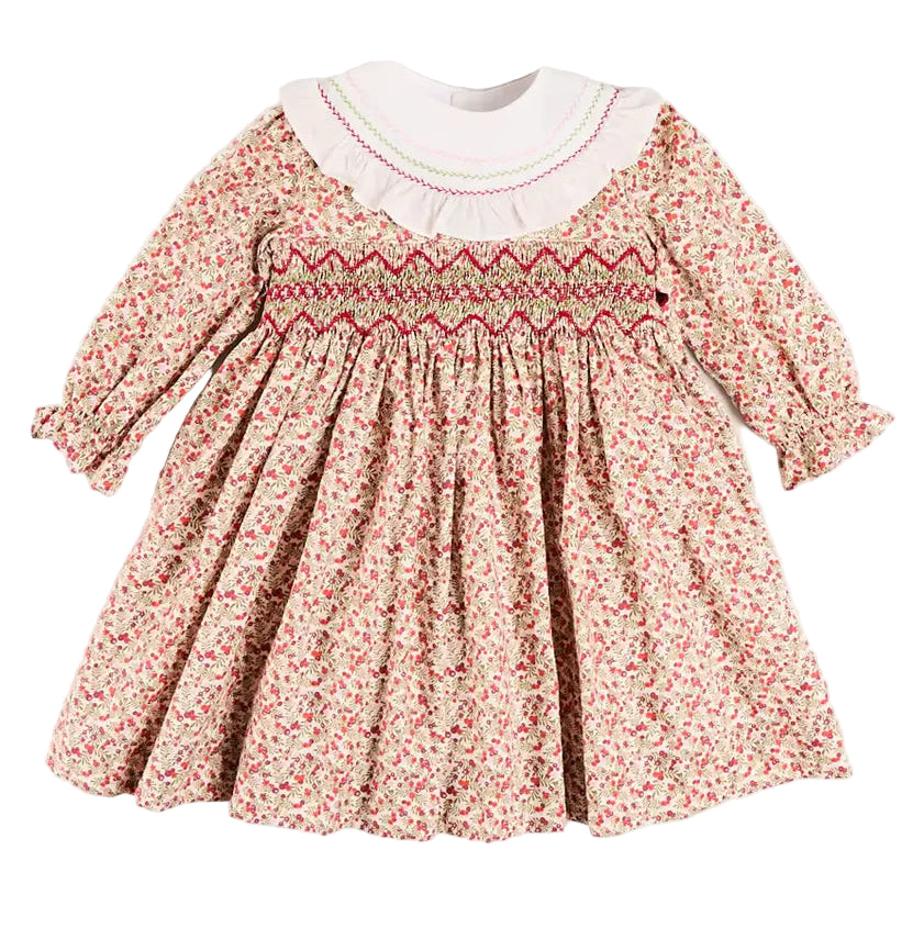 Pepa London Evelyn Floral Hand Smocked Embroidered Collar Long Sleeve Dress in Pink