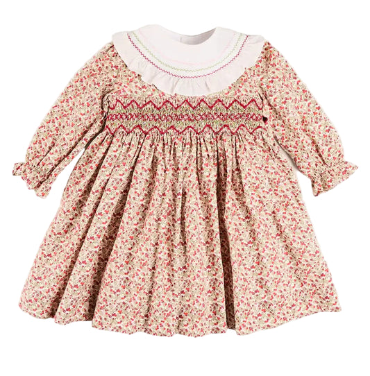 Pepa London Evelyn Floral Hand Smocked Embroidered Collar Long Sleeve Dress in Pink