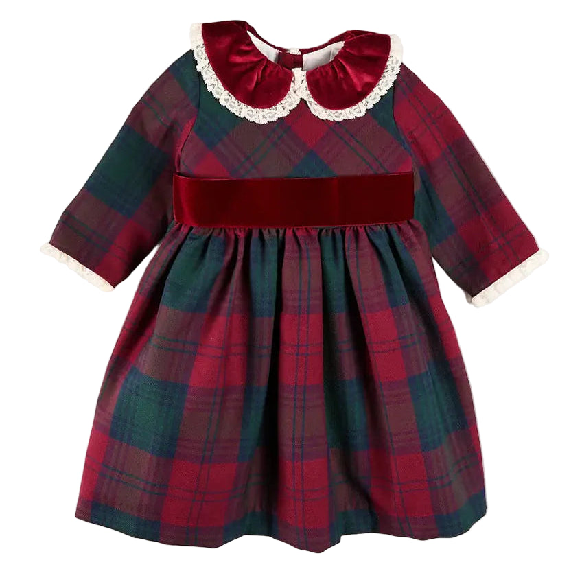Pepa London Grovesnor Tartan Lace Detail Velvet Bow Dress in Red