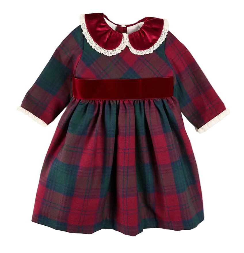 Pepa London Grovesnor Tartan Lace Detail Velvet Bow Dress in Red