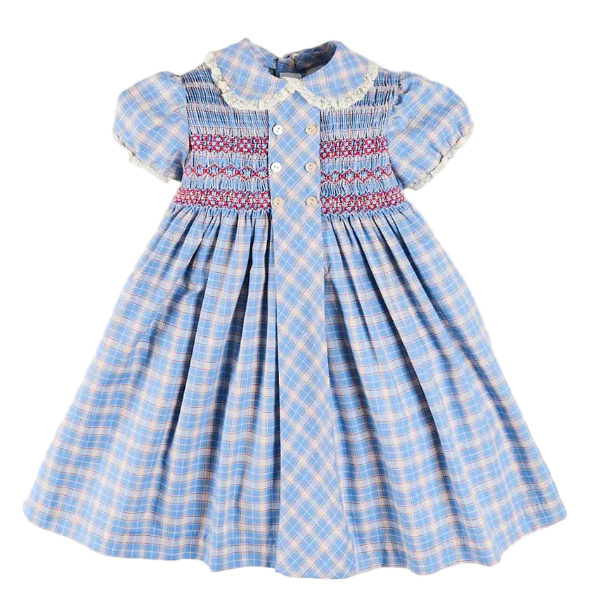 Pepa London Denby Check Hand Smocked Double Breasted Short Sleeve Dress in Blue