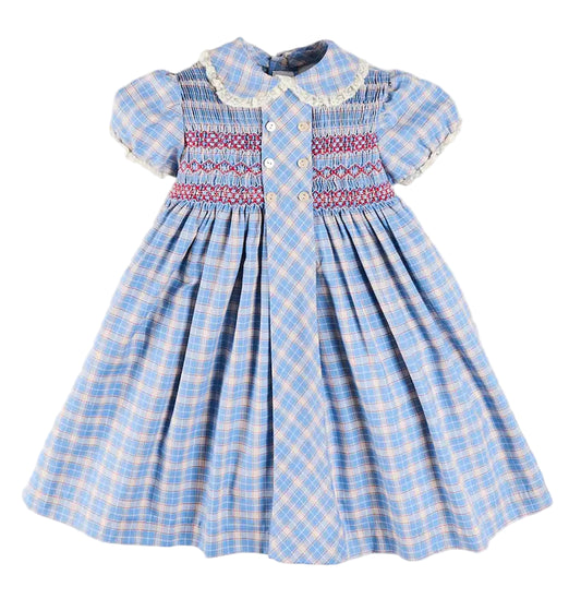 Pepa London Denby Check Hand Smocked Double Breasted Short Sleeve Dress in Blue