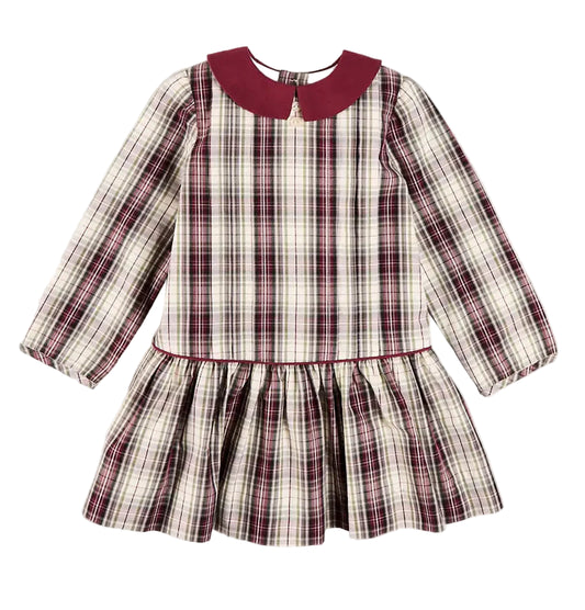 Pepa London Whittaker Check Long Sleeve Pleated Dress in Burgundy