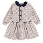 Pepa London Thirleby Check Velvet Collar Button Detail Long Sleeve Dress in Camel