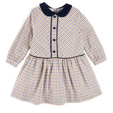 Pepa London Thirleby Check Velvet Collar Button Detail Long Sleeve Dress in Camel