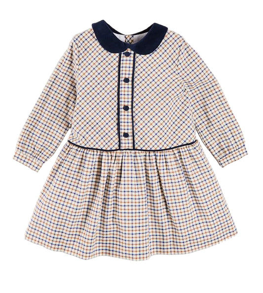 Pepa London Thirleby Check Velvet Collar Button Detail Long Sleeve Dress in Camel