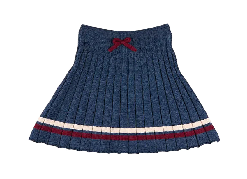 Pepa London Pleated Bow Detail Striped Trim Skirt in Navy