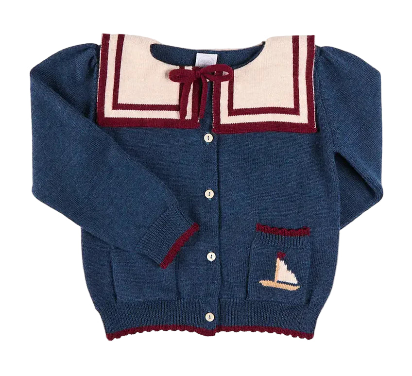 Pepa London Mariner Collar Jacquard Boat Embroidered Detail Cardigan in Navy