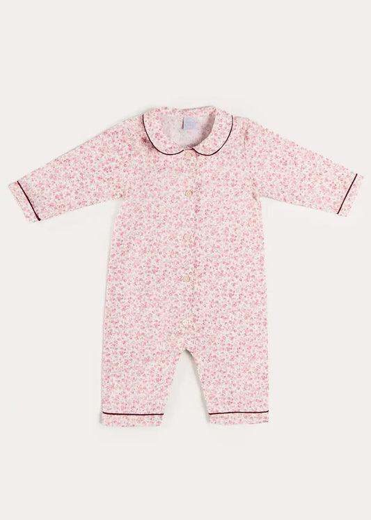 Jane Floral Long Sleeve All In One Pyjamas with Burgundy Piping in Pink