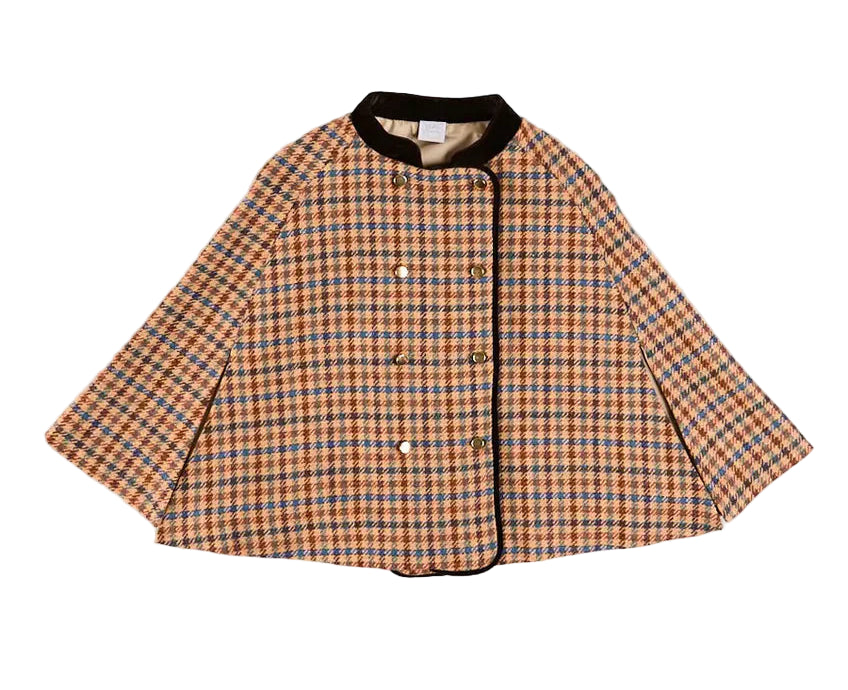 Pepa London Vincent Check Velvet Collar Gold Button Detail Cape in Brown