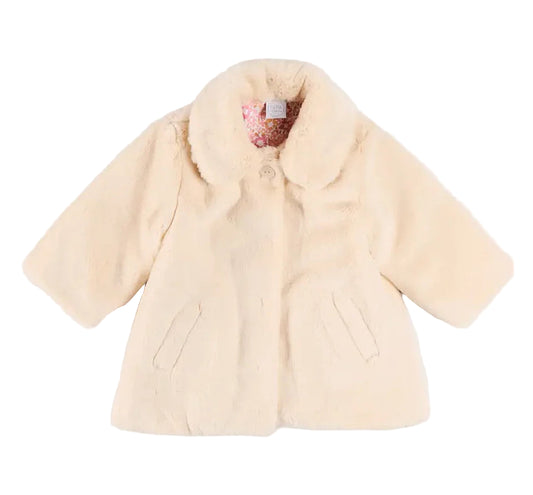 Pepa London Faux Fur Pocket Detail Nellie Floral Lined Coat in Cream