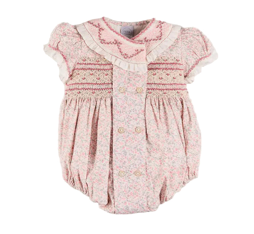Pepa London Adelaide Floral Hand Smocked Hand Smocked Romper in Pink