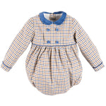 Pepa London Thirleby Check Velvet Peter Pan Collar Long Sleeve Romper in Blue