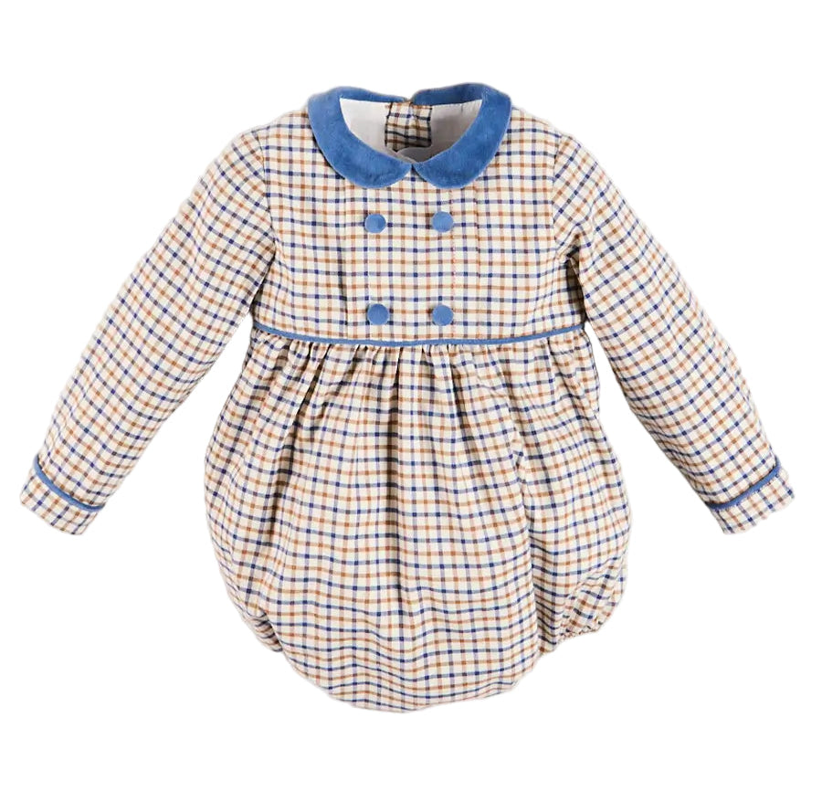 Pepa London Thirleby Check Velvet Peter Pan Collar Long Sleeve Romper in Blue
