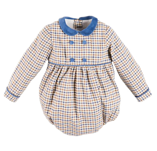 Pepa London Thirleby Check Velvet Peter Pan Collar Long Sleeve Romper in Blue