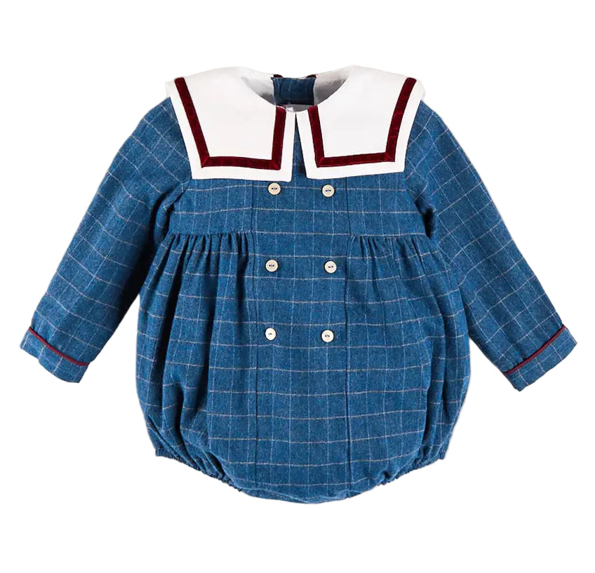 Pepa London Moreton Check Mariner Collar Long Sleeve Romper in Blue