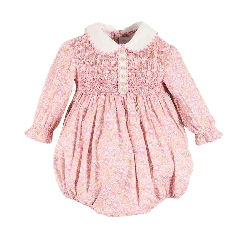 Pepa London Nellie Floral Hand Smocked Long Sleeve Romper in Pink
