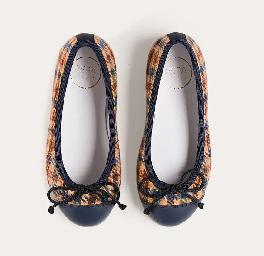 Pepa London Vincent Check Tweed Ballerina Shoes in Brown