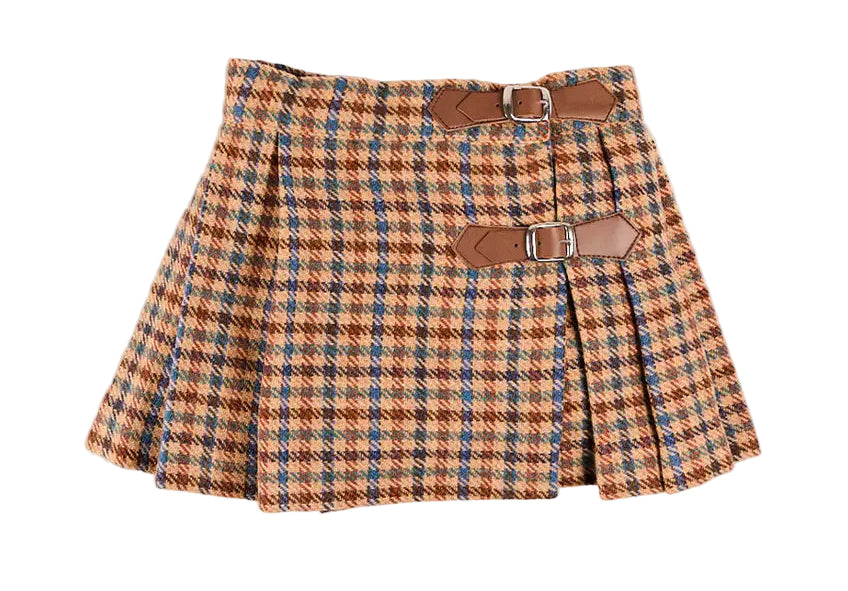 Pepa London Vincent Check Button Detail Pleated Skirt in Brown