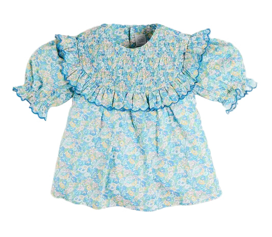 Pepa London Leontyne Liberty  Floral Scalloped Smocked Short Sleeve Blouse in Blue