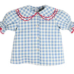 Pepa London Darby Gingham Scallop Layered Collar Short Sleeve Blouse in Blue