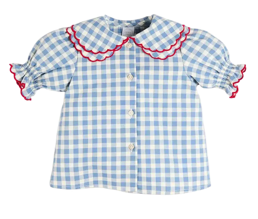 Pepa London Darby Gingham Scallop Layered Collar Short Sleeve Blouse in Blue