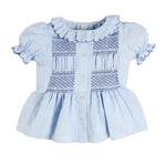 Pepa London Smocked Peplum Scallop Collar Blouse in Blue