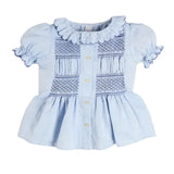 Pepa London Smocked Peplum Scallop Collar Blouse in Blue
