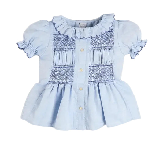 Pepa London Smocked Peplum Scallop Collar Blouse in Blue