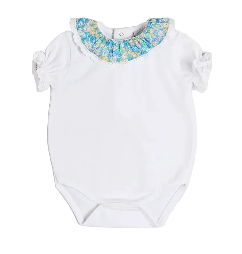 Pepa London Leontyne Liberty Floral Ruffle Collar Lace Detail Bodysuit in Blue
