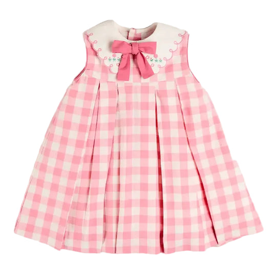 Pepa London Catherine Gingham Embroidered Sleeveless Trapeze Dress in Pink