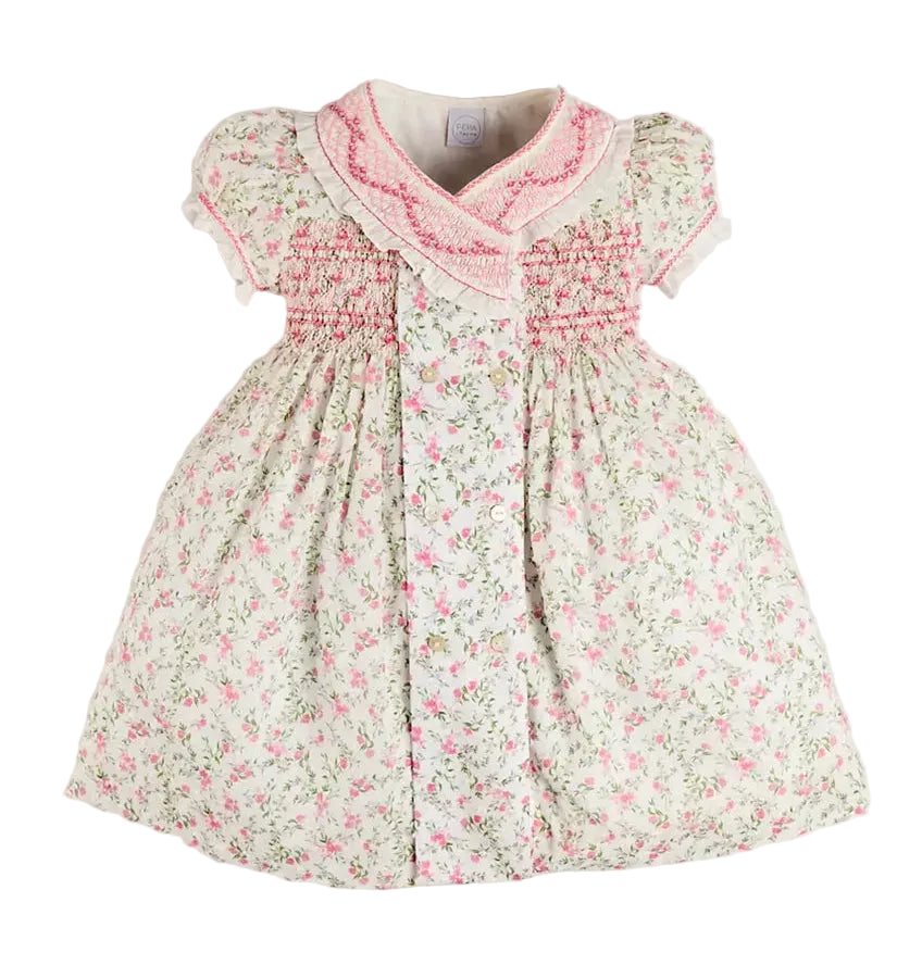 Pepa London Alice Floral Double Breasted Hand Smocked Dress in Pink