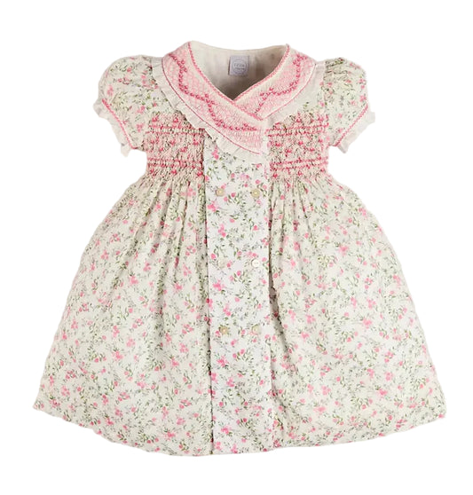 Pepa London Alice Floral Double Breasted Hand Smocked Dress in Pink