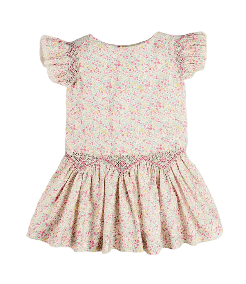 Pepa London Adelaide Floral Smocked Cap Sleeve Drop Waist Dress in Pink
