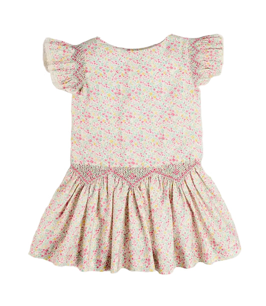 Pepa London Adelaide Floral Smocked Cap Sleeve Drop Waist Dress in Pink