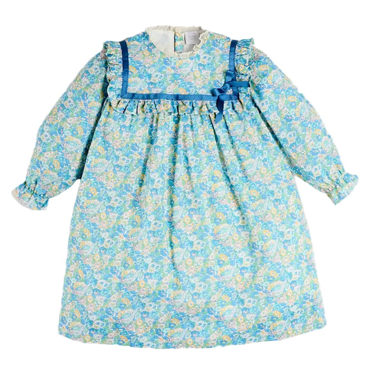 Pepa London Leontyne Floral Bow Detail Long Sleeve Trapeze Dress in Blue Made with Liberty Fabric