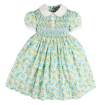 Pepa London Louisa Floral Hand Smocked Short Sleeve Dress in Blue