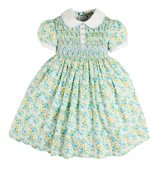 Pepa London Louisa Floral Hand Smocked Short Sleeve Dress in Blue