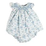 Pepa London Audrey Toile Capped Sleeve Hand Smocked Dress with Bloomers in Blue